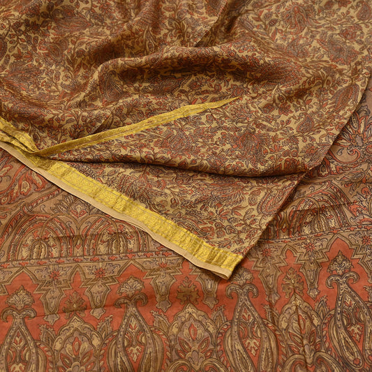Vintage Sari Green & Orange Pure Silk Printed Saree Fabric 5yard Sewing Soft Dress Designing for Crafting Quilting Upcycle Soft Border