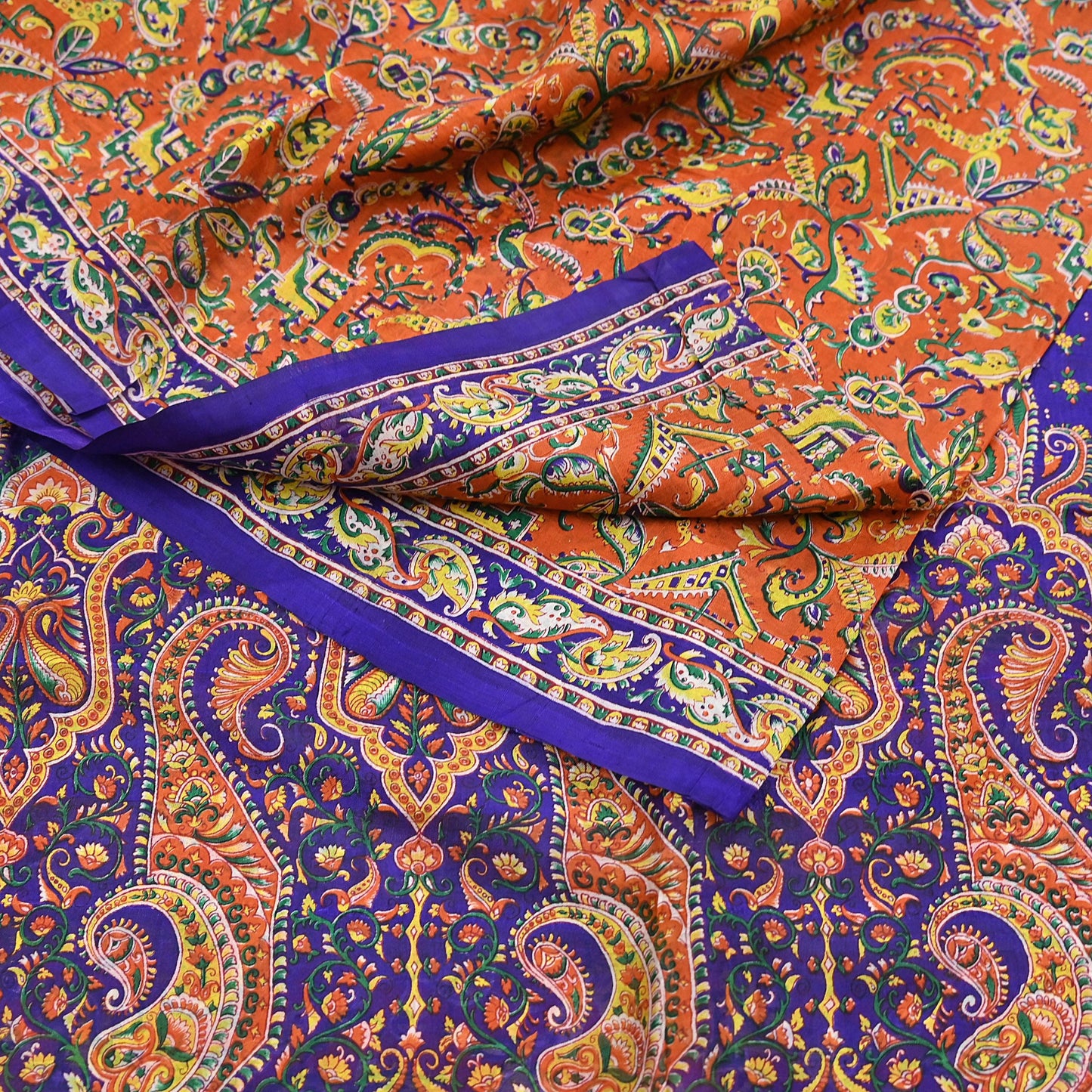 Indian Vintage Sari Orange & Blue 100% Pure Silk Printed Sarees 5yd Sewing Floral Soft Craft Fabric Dress Making Crafting Quilting Upcycle