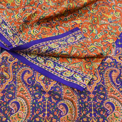 Indian Vintage Sari Orange & Blue 100% Pure Silk Printed Sarees 5yd Sewing Floral Soft Craft Fabric Dress Making Crafting Quilting Upcycle