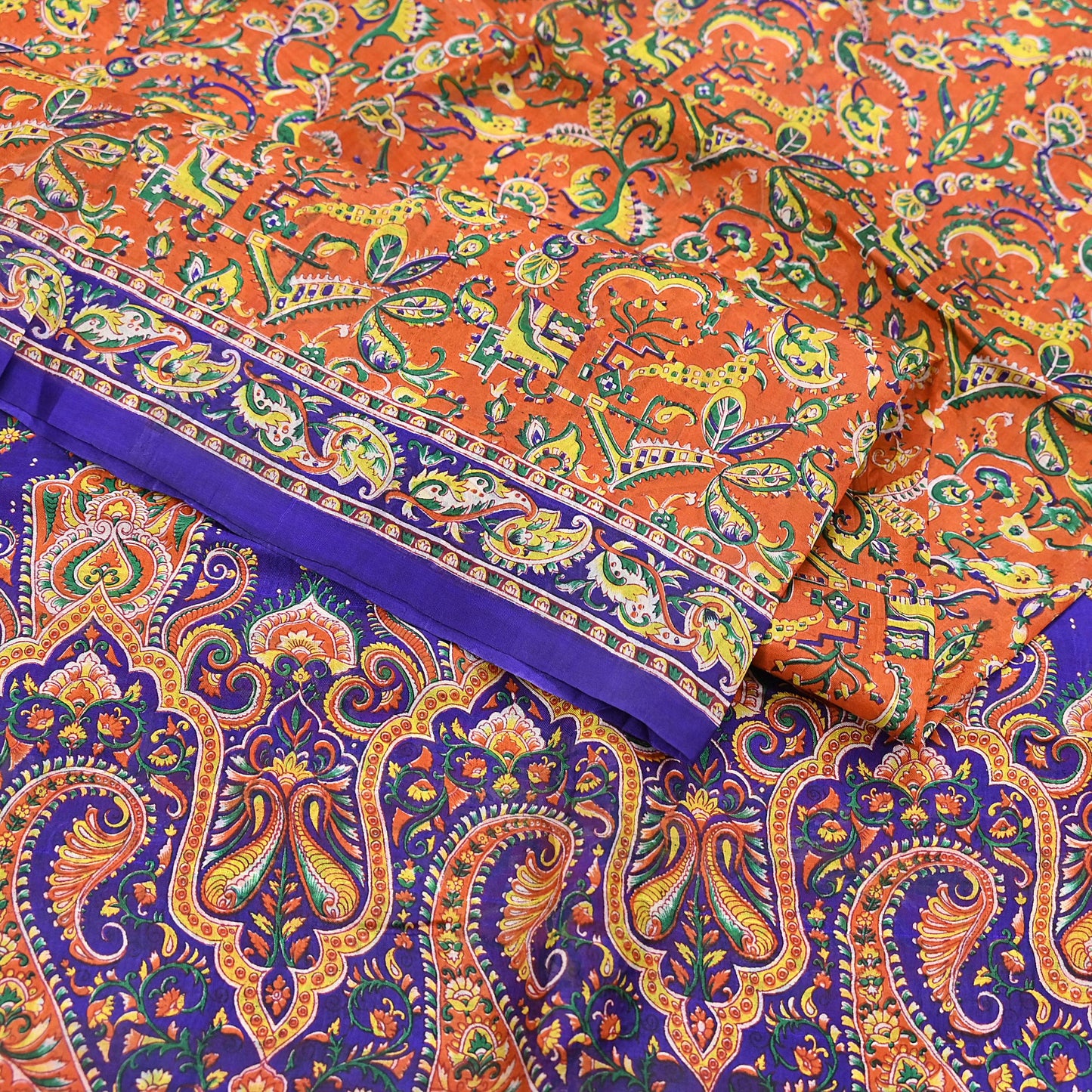 Indian Vintage Sari Orange & Blue 100% Pure Silk Printed Sarees 5yd Sewing Floral Soft Craft Fabric Dress Making Crafting Quilting Upcycle