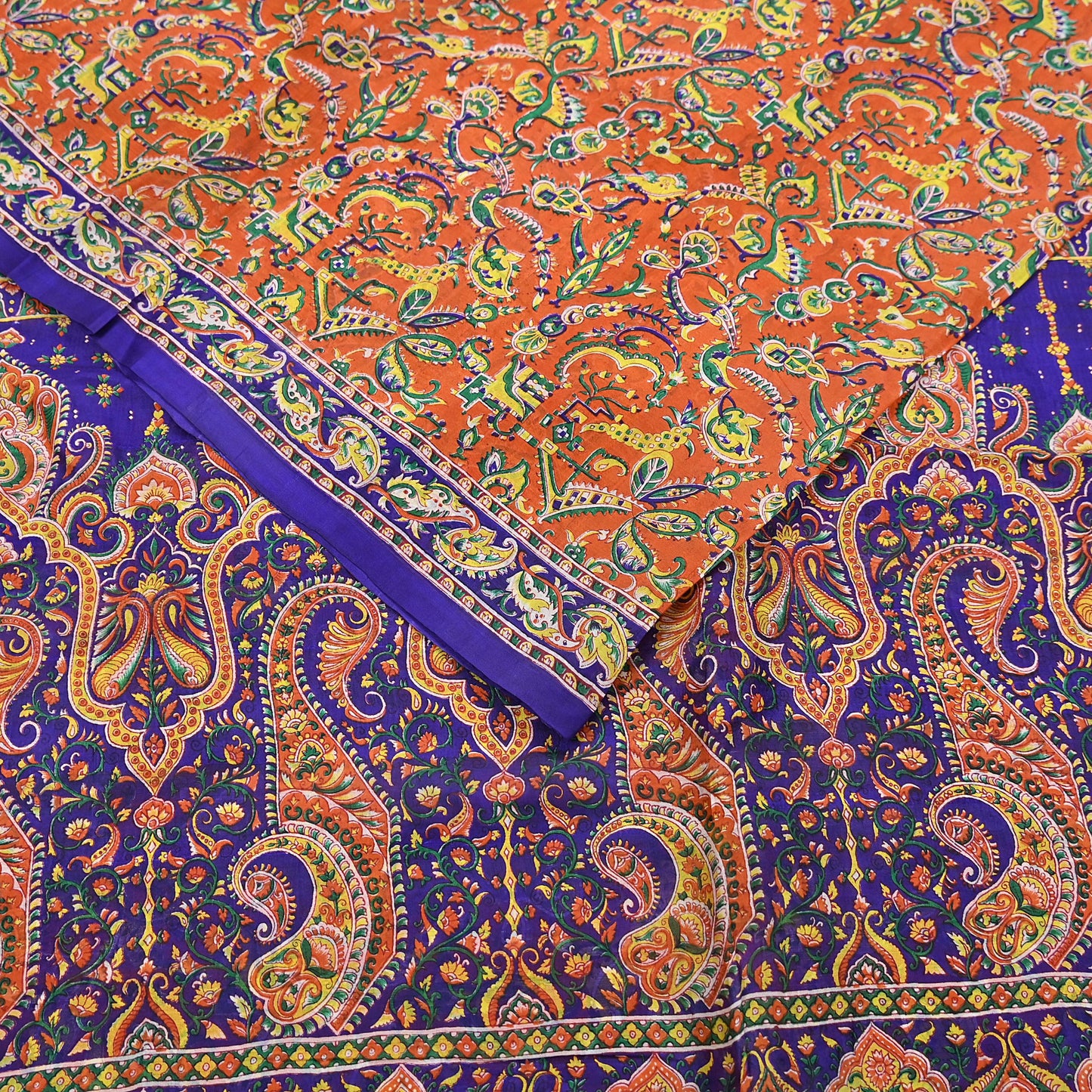 Indian Vintage Sari Orange & Blue 100% Pure Silk Printed Sarees 5yd Sewing Floral Soft Craft Fabric Dress Making Crafting Quilting Upcycle