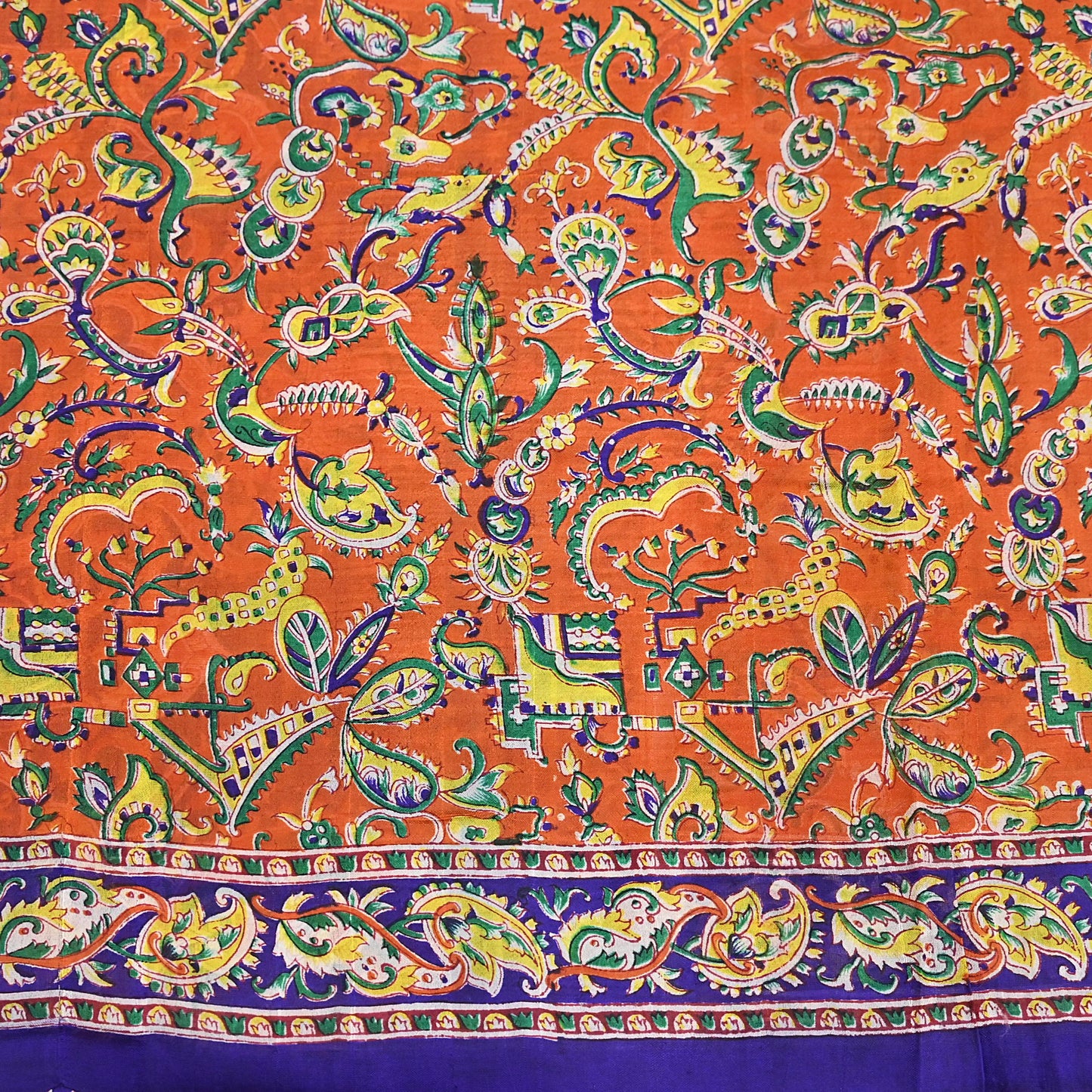 Indian Vintage Sari Orange & Blue 100% Pure Silk Printed Sarees 5yd Sewing Floral Soft Craft Fabric Dress Making Crafting Quilting Upcycle