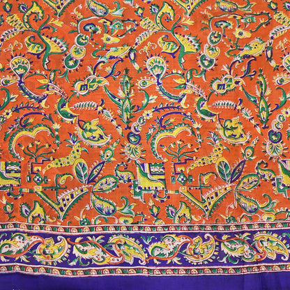 Indian Vintage Sari Orange & Blue 100% Pure Silk Printed Sarees 5yd Sewing Floral Soft Craft Fabric Dress Making Crafting Quilting Upcycle