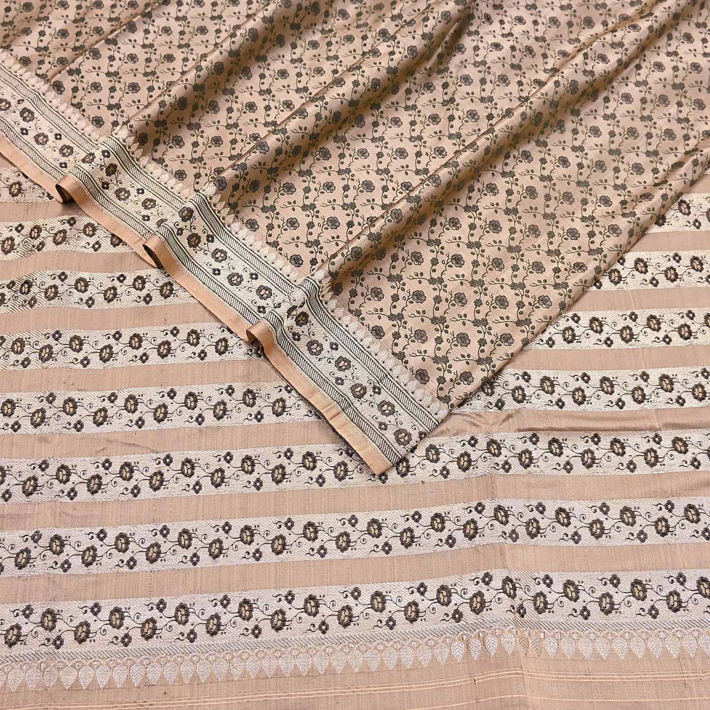 Indian Vintage Sari Beige Heavy Pure Silk Woven Banarasi Brocade Saree Fabric 5Yd Ethnic Dress making Crafting Bollywood Dress Designing