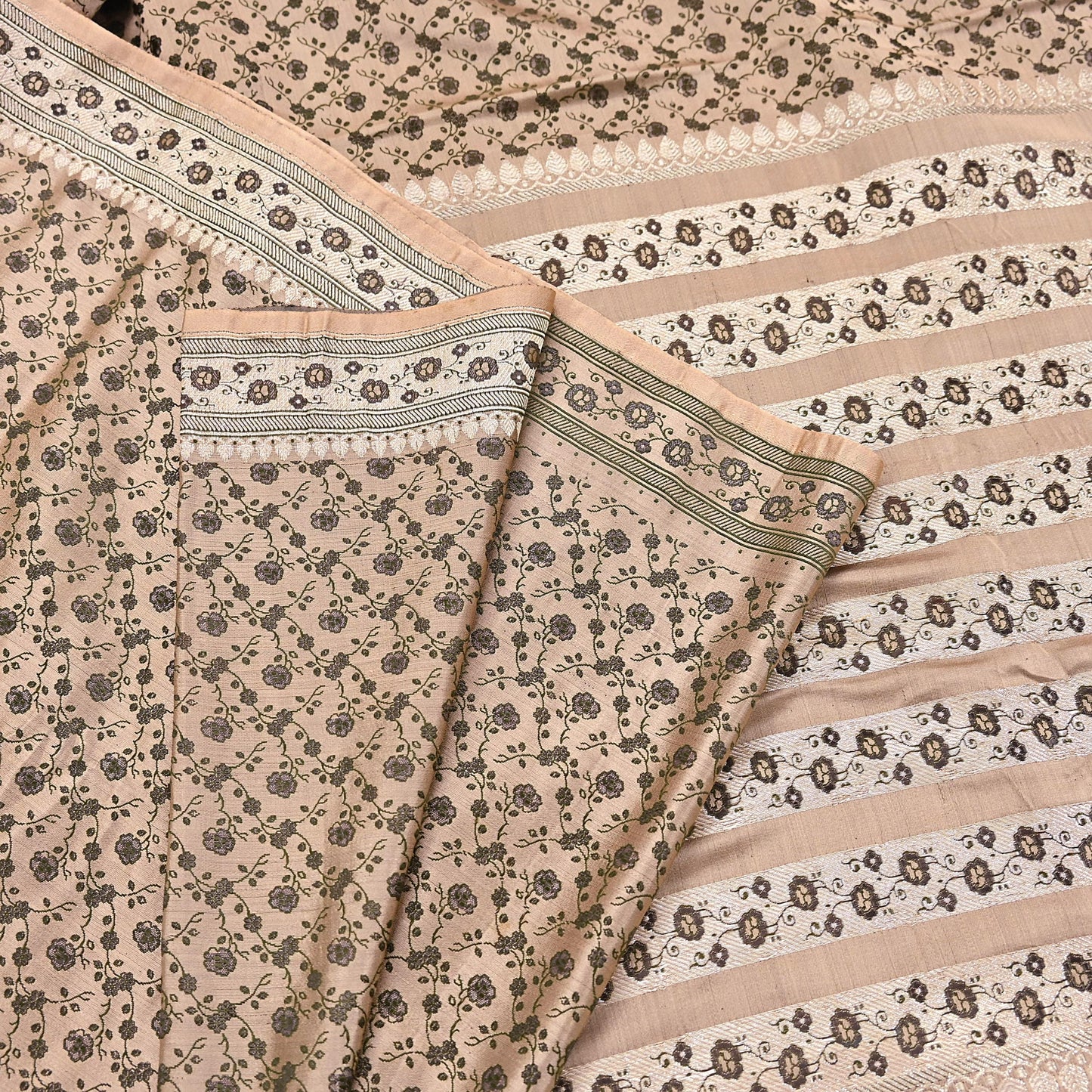 Indian Vintage Sari Beige Heavy Pure Silk Woven Banarasi Brocade Saree Fabric 5Yd Ethnic Dress making Crafting Bollywood Dress Designing