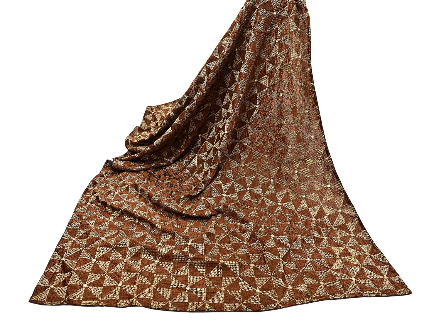 Indian Vintage Brown Heavy Dupatta Long Stole Chanderi Hand Embroidered Bagh Phulkari Stole Scarves Golden lace