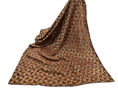 Indian Vintage Brown Heavy Dupatta Long Stole Chanderi Hand Embroidered Bagh Phulkari Stole Scarves Golden lace