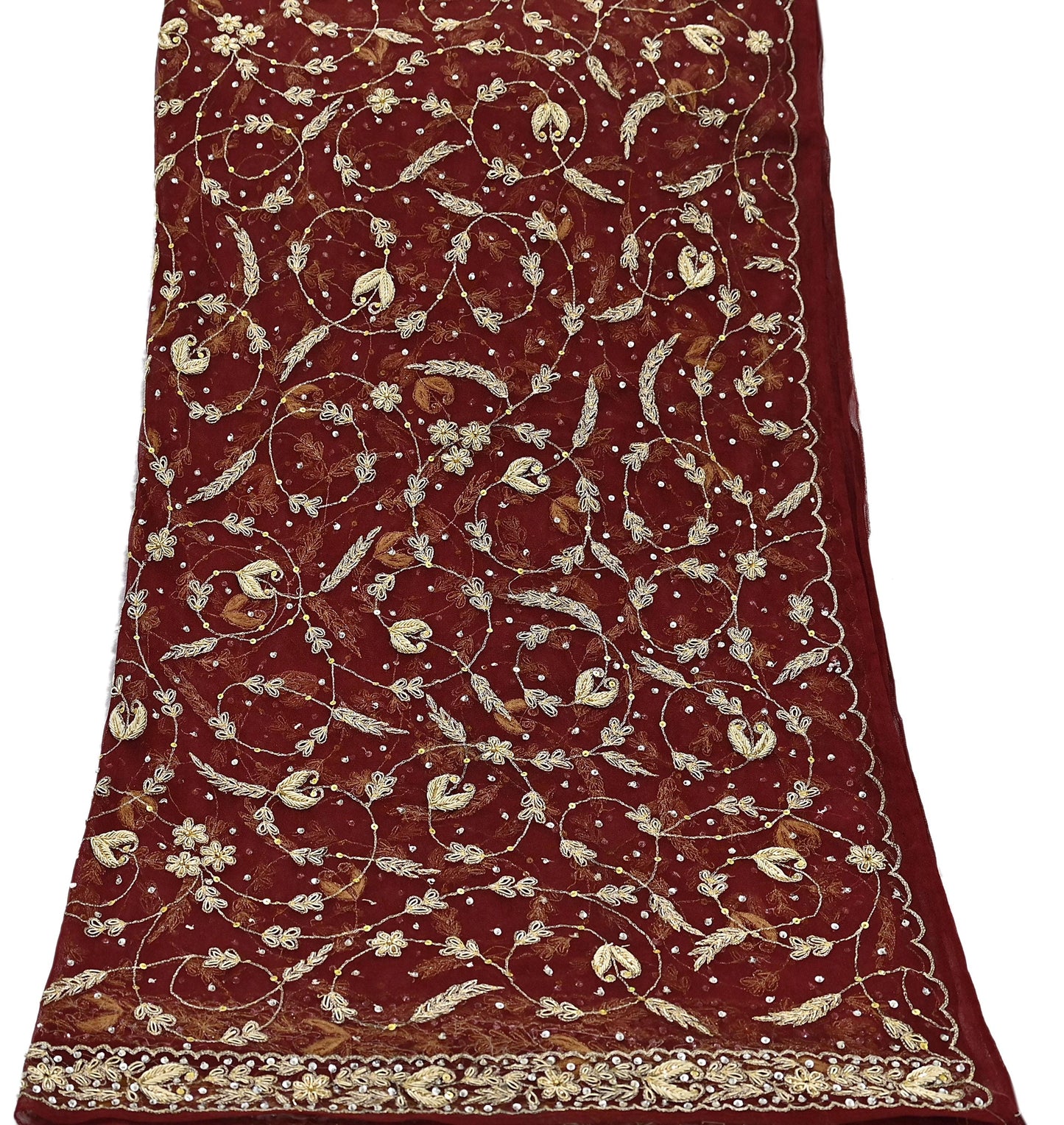 Indian Vintage Heavy Maroon Dupatta Net Mesh Long Stole Hand Embroidered Scarves Golden Zardozi Zari Sequins Stole