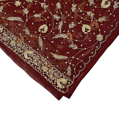 Indian Vintage Heavy Maroon Dupatta Net Mesh Long Stole Hand Embroidered Scarves Golden Zardozi Zari Sequins Stole