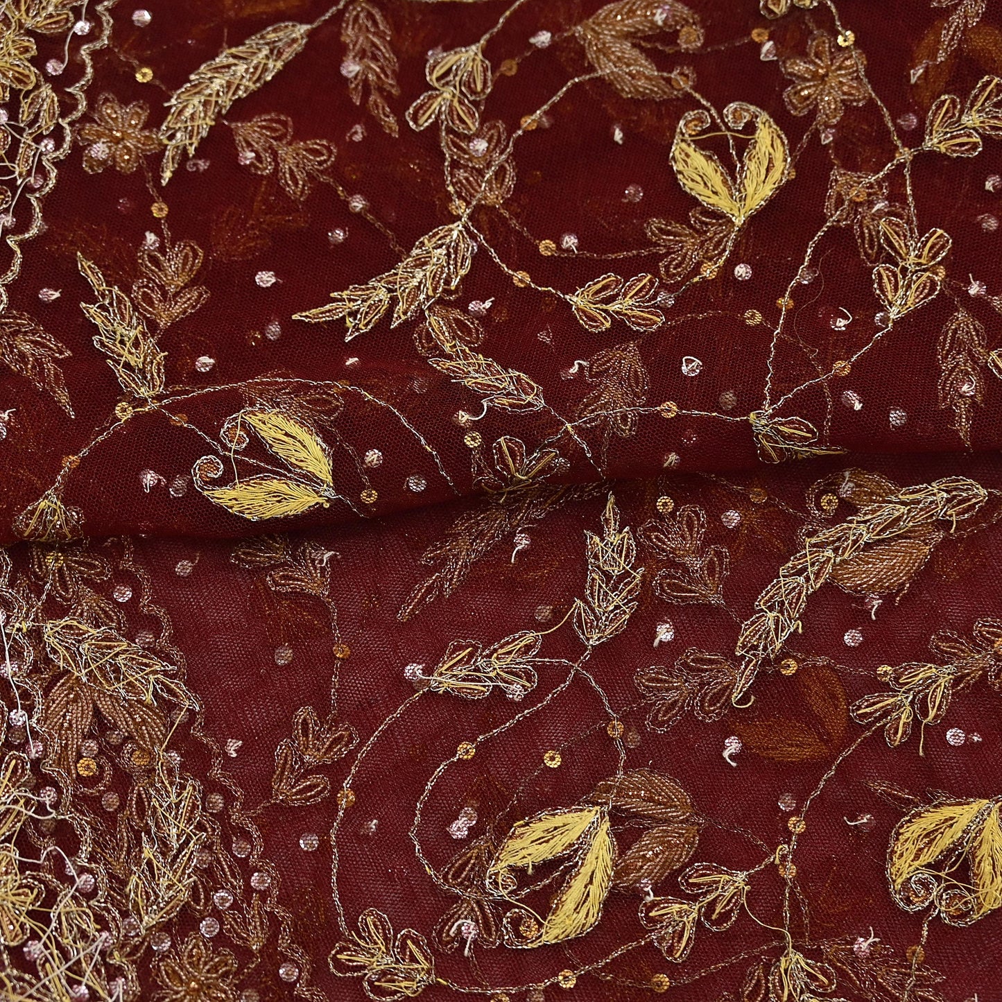 Indian Vintage Heavy Maroon Dupatta Net Mesh Long Stole Hand Embroidered Scarves Golden Zardozi Zari Sequins Stole