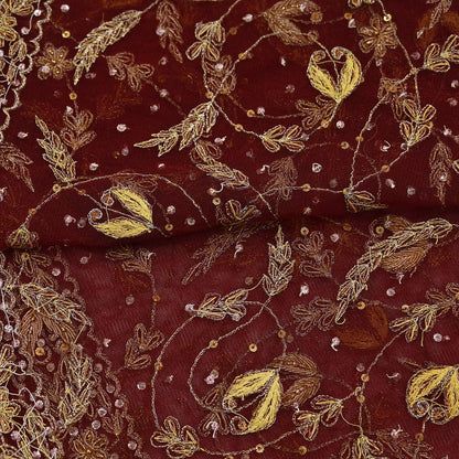 Indian Vintage Heavy Maroon Dupatta Net Mesh Long Stole Hand Embroidered Scarves Golden Zardozi Zari Sequins Stole
