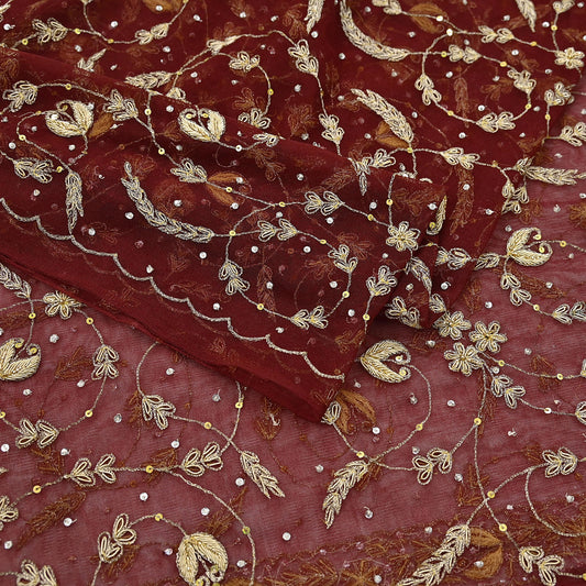 Indian Vintage Heavy Maroon Dupatta Net Mesh Long Stole Hand Embroidered Scarves Golden Zardozi Zari Sequins Stole