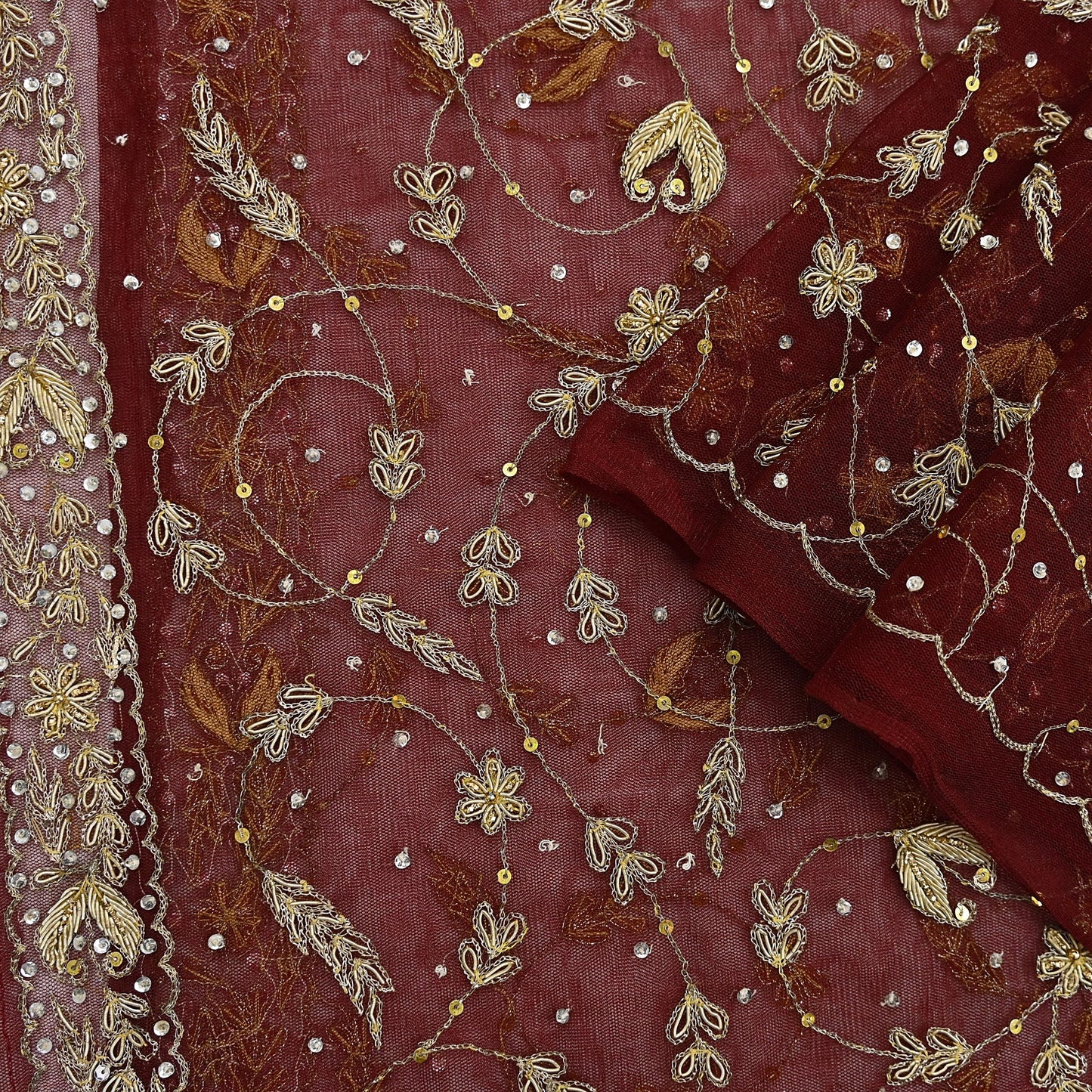 Indian Vintage Heavy Maroon Dupatta Net Mesh Long Stole Hand Embroidered Scarves Golden Zardozi Zari Sequins Stole