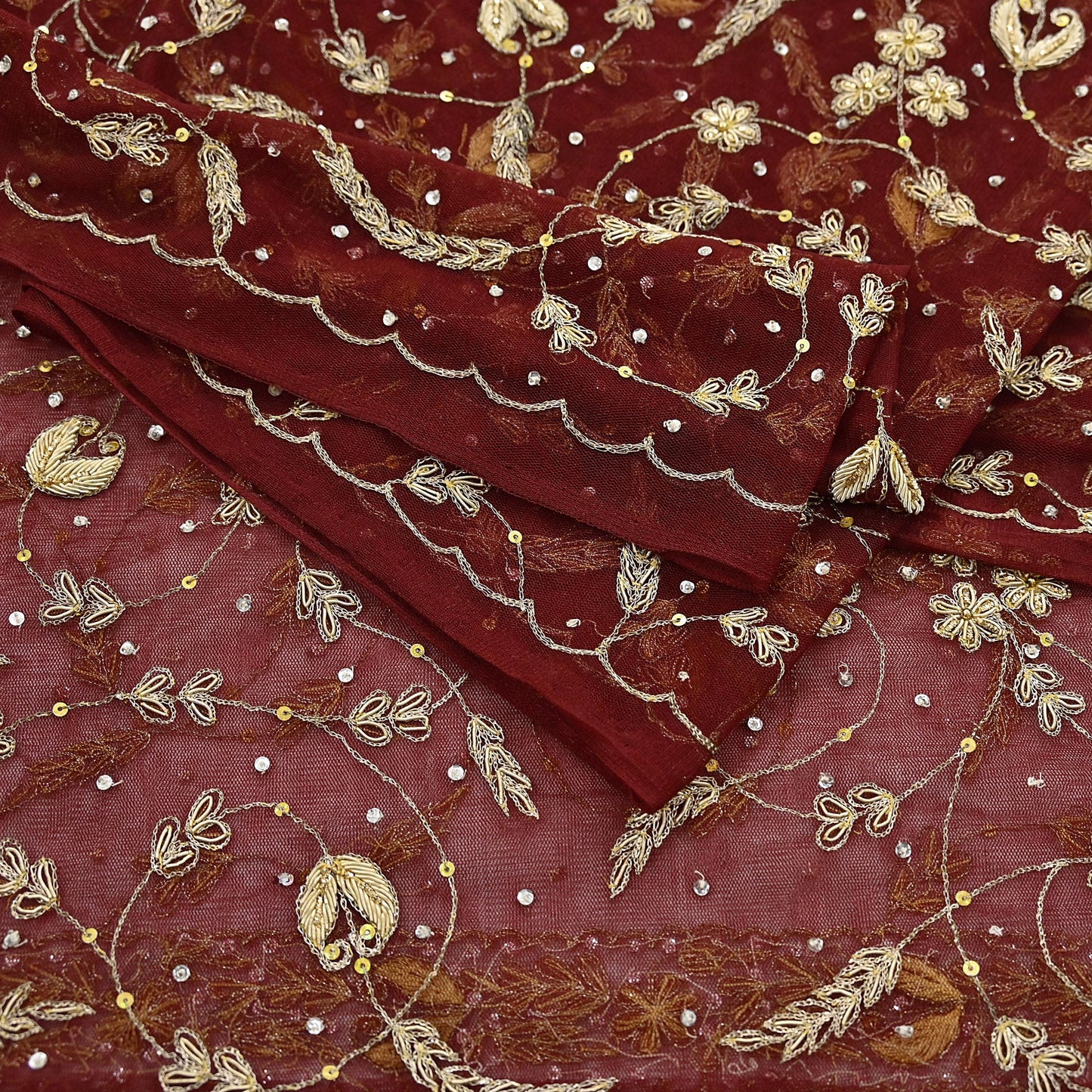 Indian Vintage Heavy Maroon Dupatta Net Mesh Long Stole Hand Embroidered Scarves Golden Zardozi Zari Sequins Stole