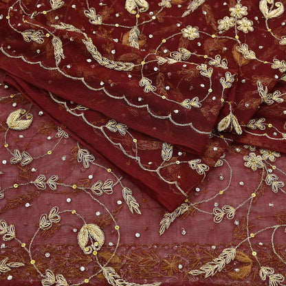 Indian Vintage Heavy Maroon Dupatta Net Mesh Long Stole Hand Embroidered Scarves Golden Zardozi Zari Sequins Stole
