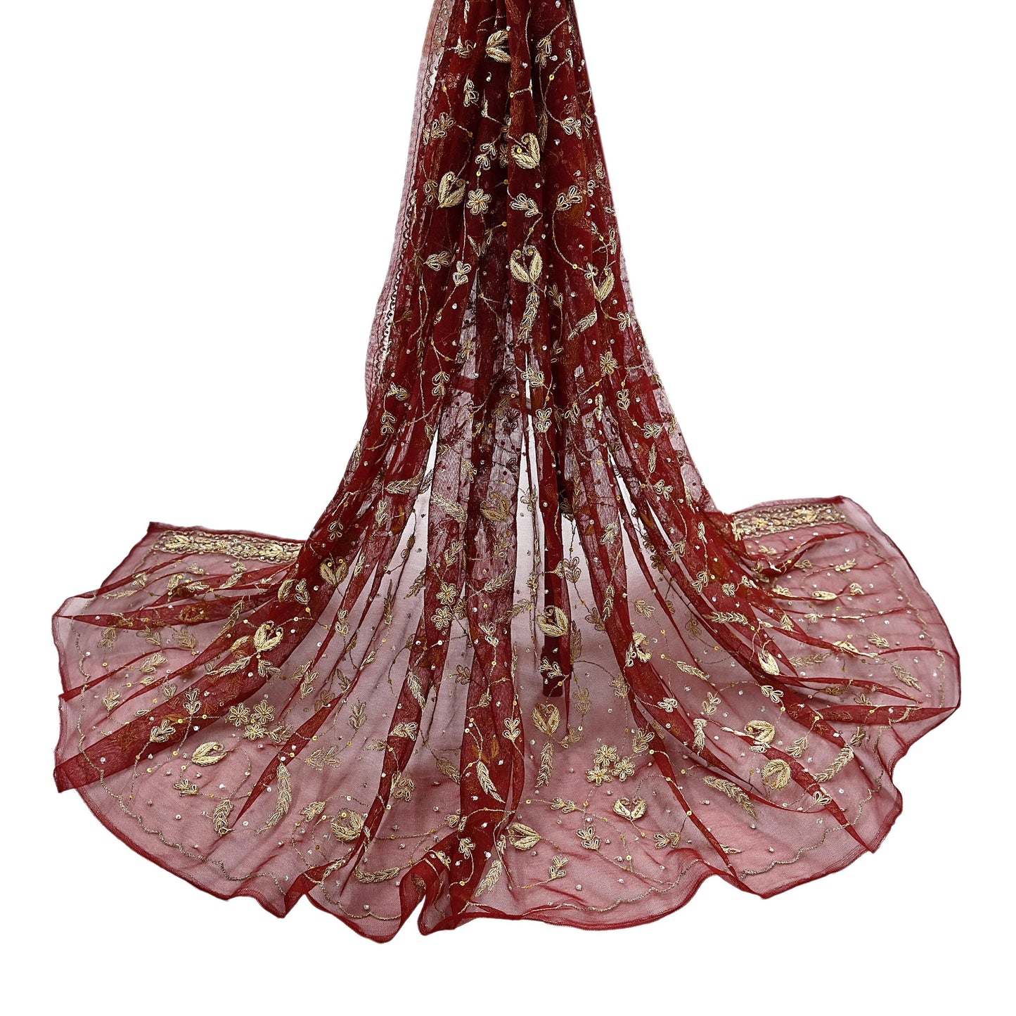 Indian Vintage Heavy Maroon Dupatta Net Mesh Long Stole Hand Embroidered Scarves Golden Zardozi Zari Sequins Stole