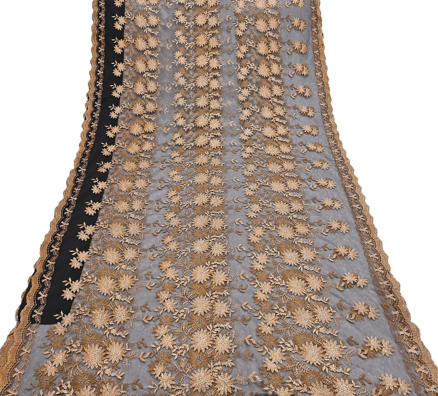 Indian Vintage Black Saree Net/Mesh Embroidered Sari Craft Fabric Floral 5Yd Zari Ethnic