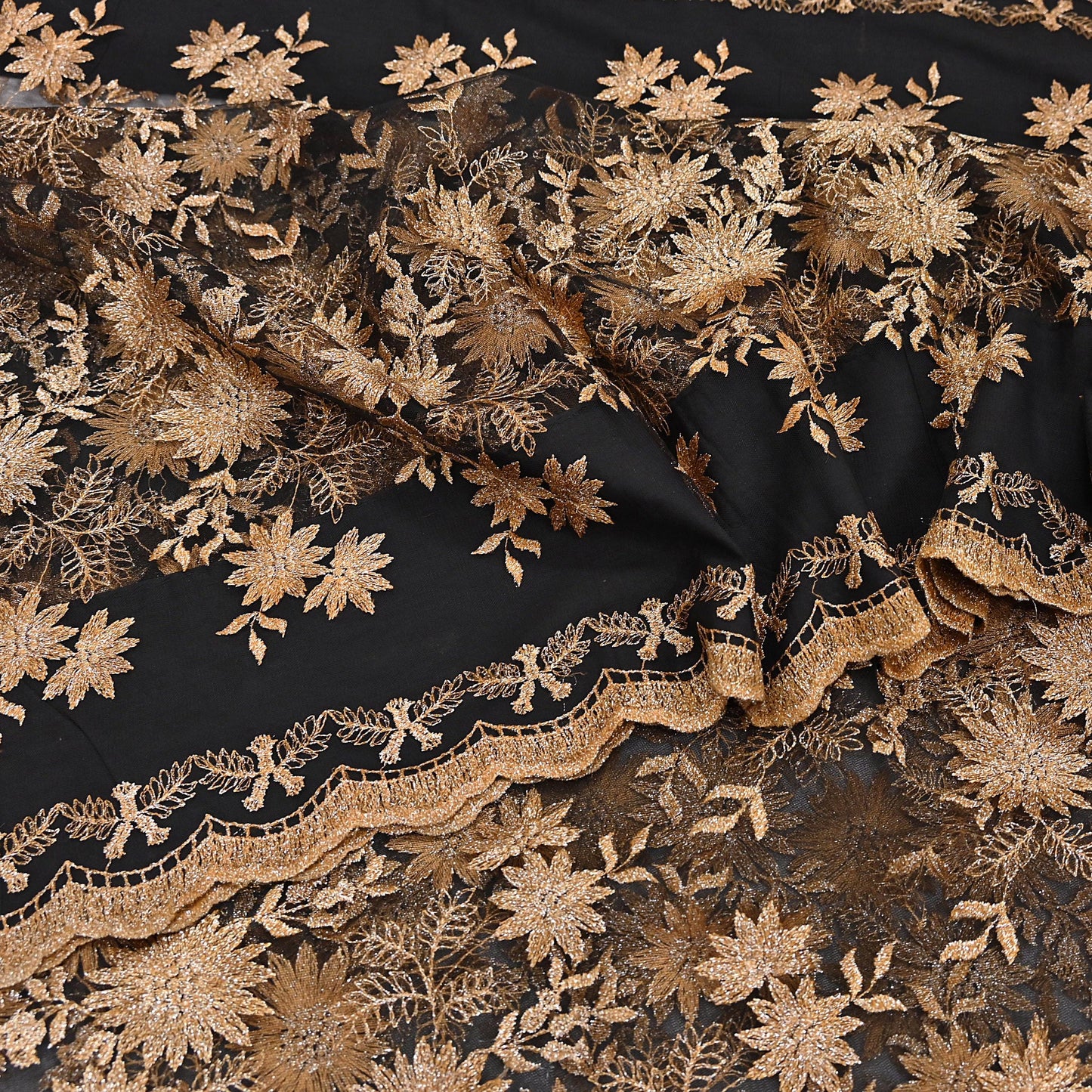 Indian Vintage Black Saree Net/Mesh Embroidered Sari Craft Fabric Floral 5Yd Zari Ethnic