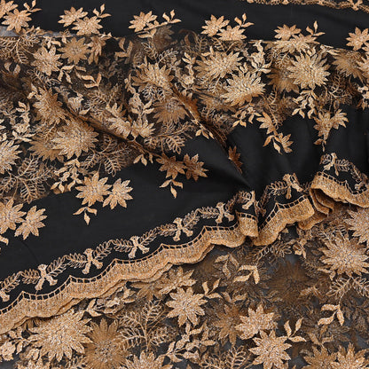 Indian Vintage Black Saree Net/Mesh Embroidered Sari Craft Fabric Floral 5Yd Zari Ethnic