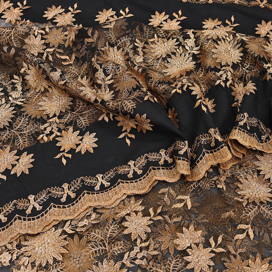 Indian Vintage Black Saree Net/Mesh Embroidered Sari Craft Fabric Floral 5Yd Zari Ethnic