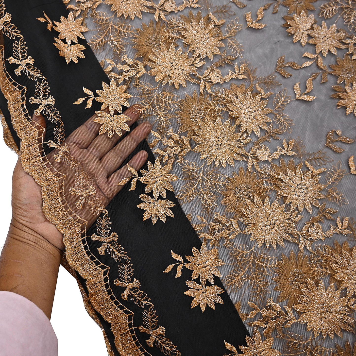 Indian Vintage Black Saree Net/Mesh Embroidered Sari Craft Fabric Floral 5Yd Zari Ethnic