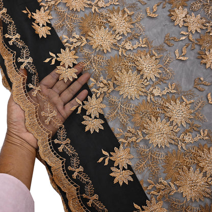 Indian Vintage Black Saree Net/Mesh Embroidered Sari Craft Fabric Floral 5Yd Zari Ethnic
