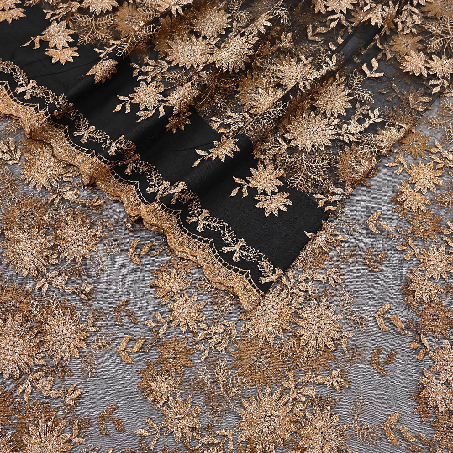 Indian Vintage Black Saree Net/Mesh Embroidered Sari Craft Fabric Floral 5Yd Zari Ethnic