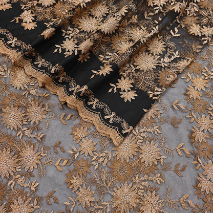 Indian Vintage Black Saree Net/Mesh Embroidered Sari Craft Fabric Floral 5Yd Zari Ethnic