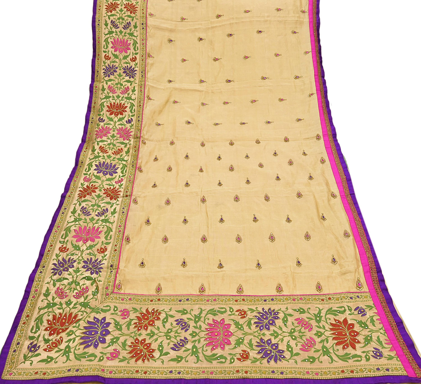 Indian Vintage Yellow Sarees Hand Embroidered Chanderi Sari Fabric 6Yd Sewing Ethnic Zardozi Zari Floral Dress making