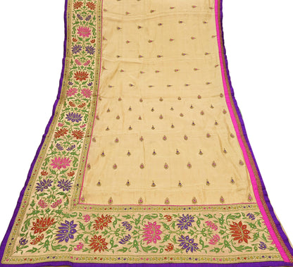 Indian Vintage Yellow Sarees Hand Embroidered Chanderi Sari Fabric 6Yd Sewing Ethnic Zardozi Zari Floral Dress making