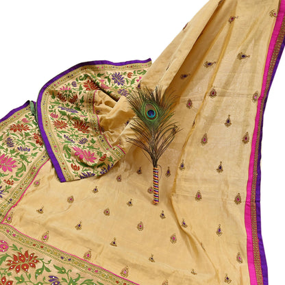 Indian Vintage Yellow Sarees Hand Embroidered Chanderi Sari Fabric 6Yd Sewing Ethnic Zardozi Zari Floral Dress making