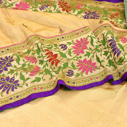 Indian Vintage Yellow Sarees Hand Embroidered Chanderi Sari Fabric 6Yd Sewing Ethnic Zardozi Zari Floral Dress making