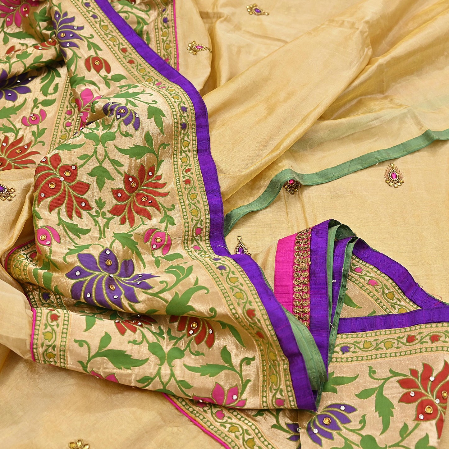 Indian Vintage Yellow Sarees Hand Embroidered Chanderi Sari Fabric 6Yd Sewing Ethnic Zardozi Zari Floral Dress making