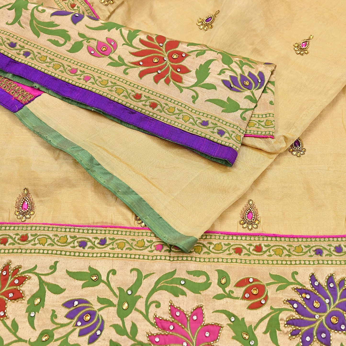 Indian Vintage Yellow Sarees Hand Embroidered Chanderi Sari Fabric 6Yd Sewing Ethnic Zardozi Zari Floral Dress making