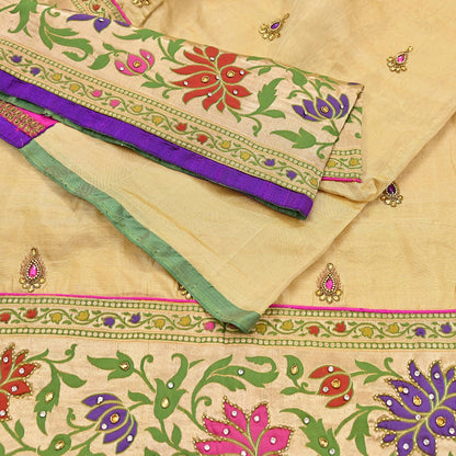 Indian Vintage Yellow Sarees Hand Embroidered Chanderi Sari Fabric 6Yd Sewing Ethnic Zardozi Zari Floral Dress making