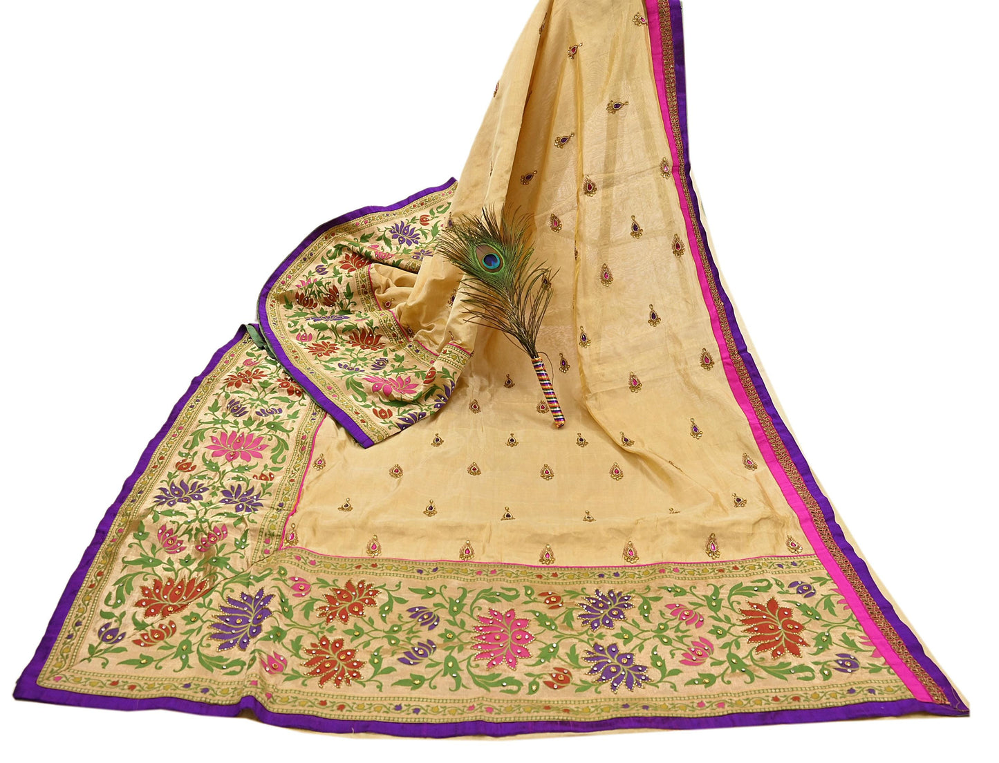 Indian Vintage Yellow Sarees Hand Embroidered Chanderi Sari Fabric 6Yd Sewing Ethnic Zardozi Zari Floral Dress making