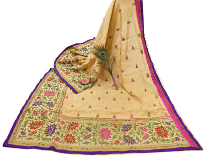 Indian Vintage Yellow Sarees Hand Embroidered Chanderi Sari Fabric 6Yd Sewing Ethnic Zardozi Zari Floral Dress making