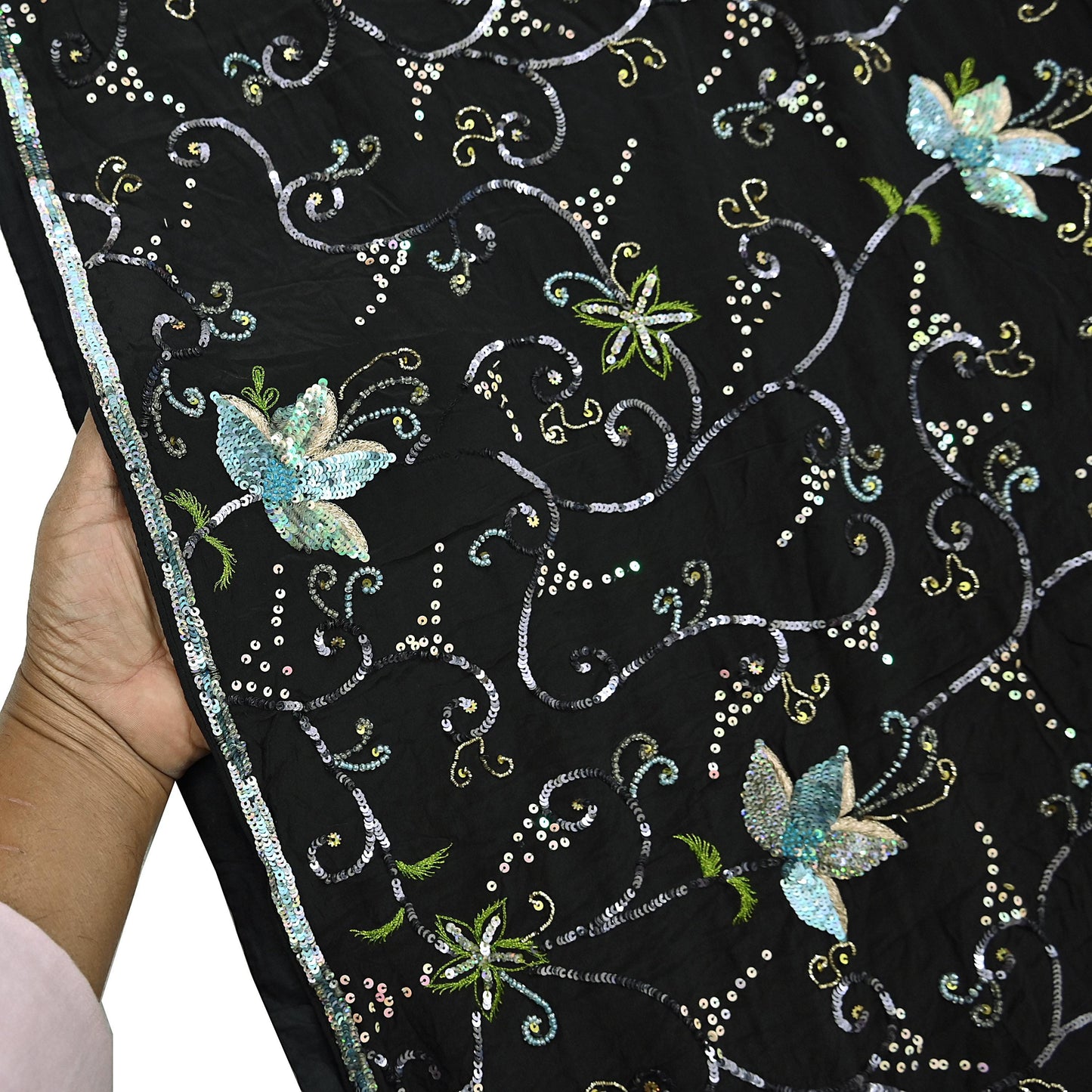 Indian Vintage Black Saree Pure Crepe Silk Hand Embroidered Sari Craft Fabric 5Yd Sewing Soft Zardozi/Dabka Sequins Wedding/Bridal Sarees