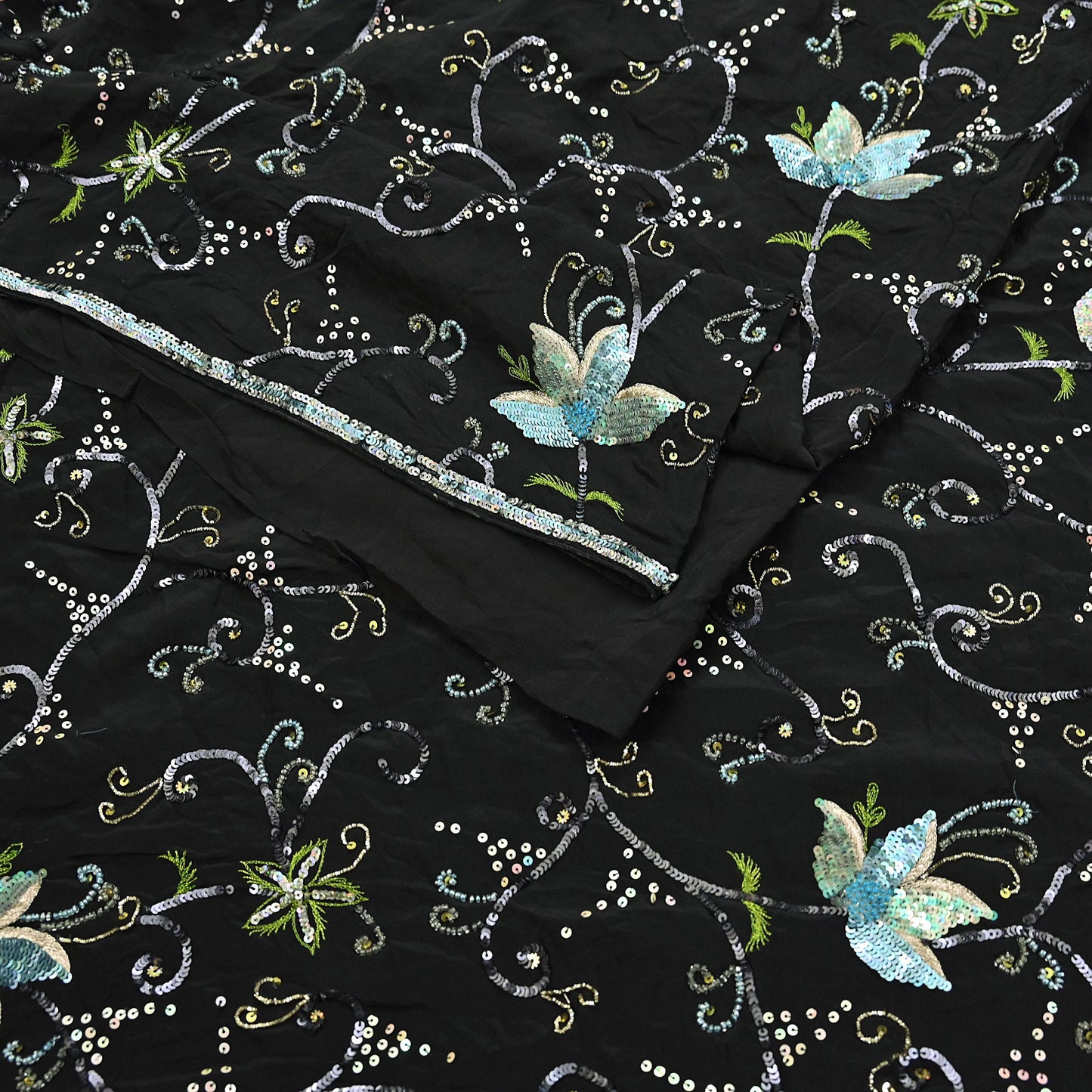 Indian Vintage Black Saree Pure Crepe Silk Hand Embroidered Sari Craft Fabric 5Yd Sewing Soft Zardozi/Dabka Sequins Wedding/Bridal Sarees