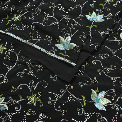 Indian Vintage Black Saree Pure Crepe Silk Hand Embroidered Sari Craft Fabric 5Yd Sewing Soft Zardozi/Dabka Sequins Wedding/Bridal Sarees