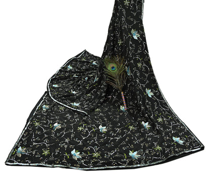 Indian Vintage Black Saree Pure Crepe Silk Hand Embroidered Sari Craft Fabric 5Yd Sewing Soft Zardozi/Dabka Sequins Wedding/Bridal Sarees