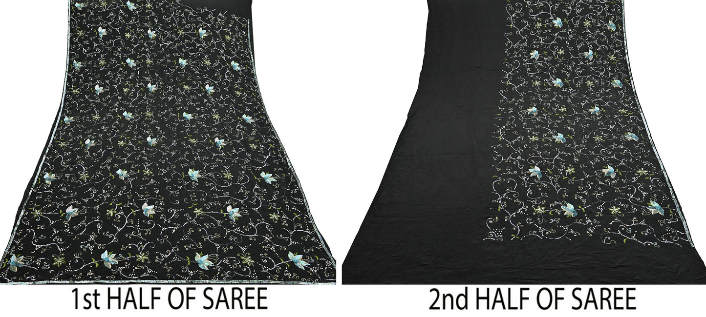 Indian Vintage Black Saree Pure Crepe Silk Hand Embroidered Sari Craft Fabric 5Yd Sewing Soft Zardozi/Dabka Sequins Wedding/Bridal Sarees