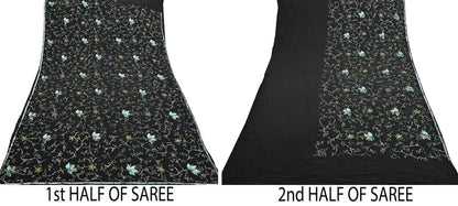 Indian Vintage Black Saree Pure Crepe Silk Hand Embroidered Sari Craft Fabric 5Yd Sewing Soft Zardozi/Dabka Sequins Wedding/Bridal Sarees