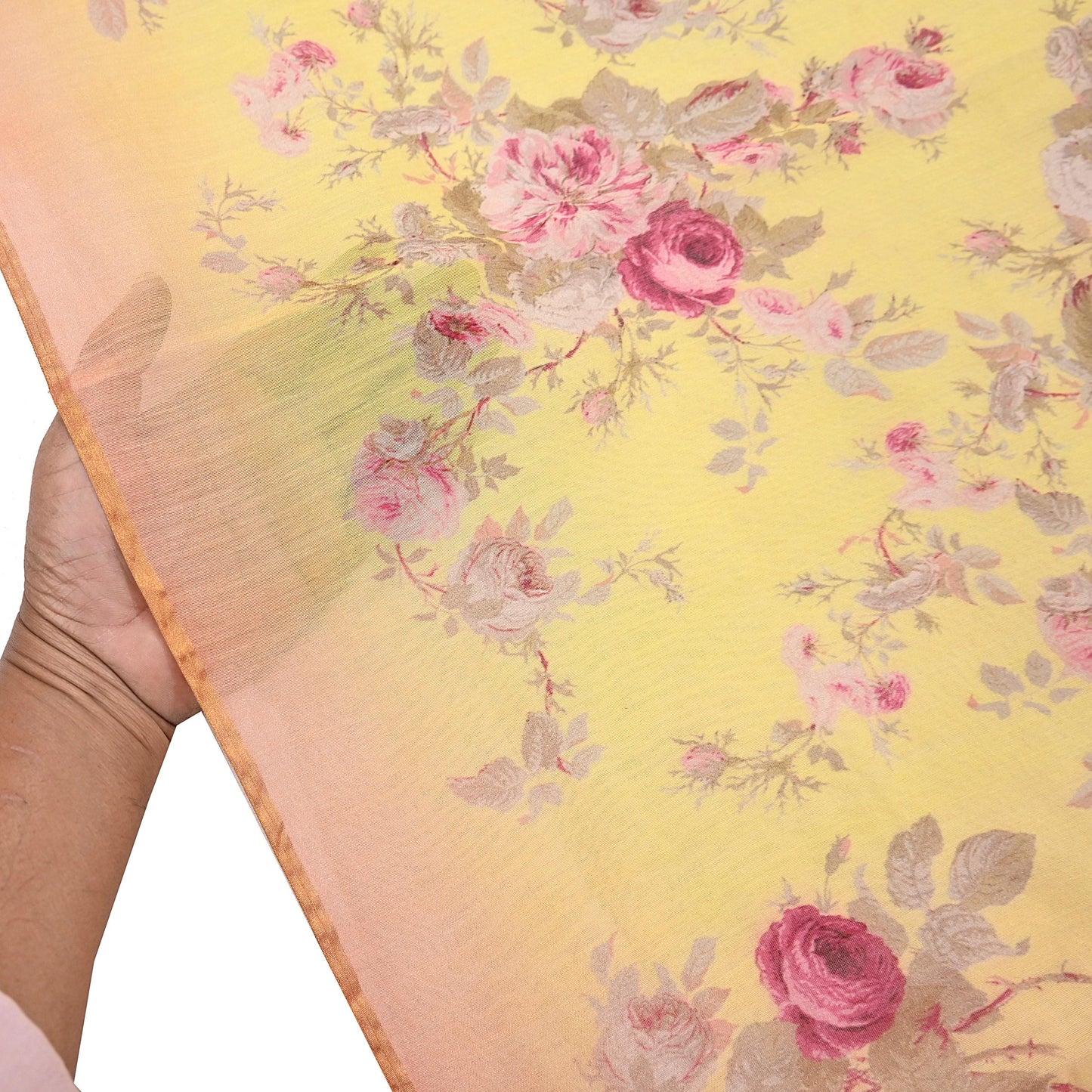 Indian Vintage Peach & yellow Dupatta Long Stole Hand Block Print Pure Chanderi Silk Scarves Veil Golden Zari