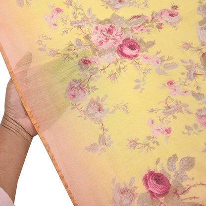 Indian Vintage Peach & yellow Dupatta Long Stole Hand Block Print Pure Chanderi Silk Scarves Veil Golden Zari