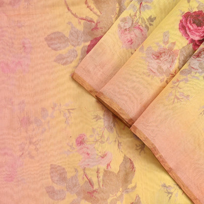 Indian Vintage Peach & yellow Dupatta Long Stole Hand Block Print Pure Chanderi Silk Scarves Veil Golden Zari