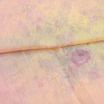 Indian Vintage Peach & yellow Dupatta Long Stole Hand Block Print Pure Chanderi Silk Scarves Veil Golden Zari