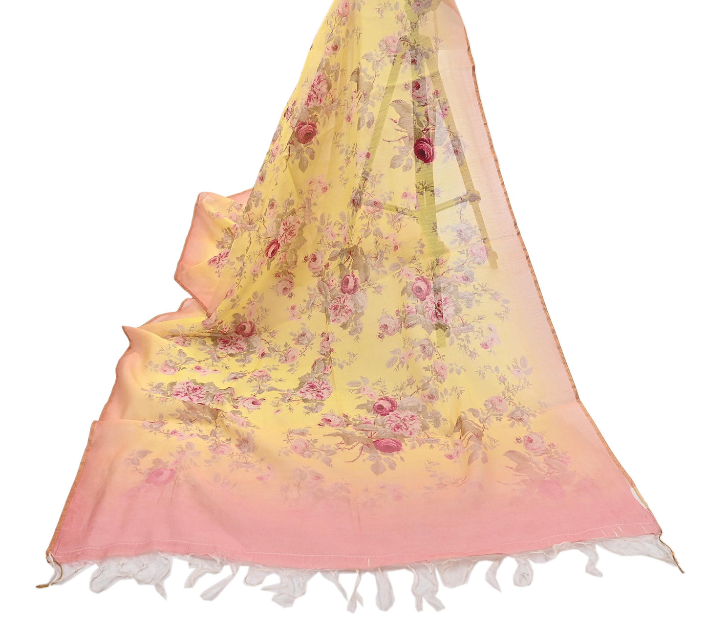 Indian Vintage Peach & yellow Dupatta Long Stole Hand Block Print Pure Chanderi Silk Scarves Veil Golden Zari