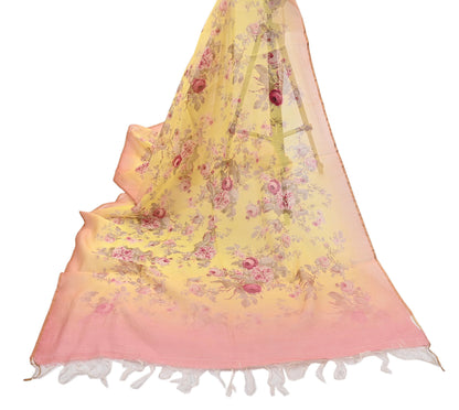 Indian Vintage Peach & yellow Dupatta Long Stole Hand Block Print Pure Chanderi Silk Scarves Veil Golden Zari