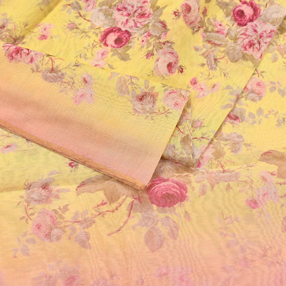 Indian Vintage Peach & yellow Dupatta Long Stole Hand Block Print Pure Chanderi Silk Scarves Veil Golden Zari